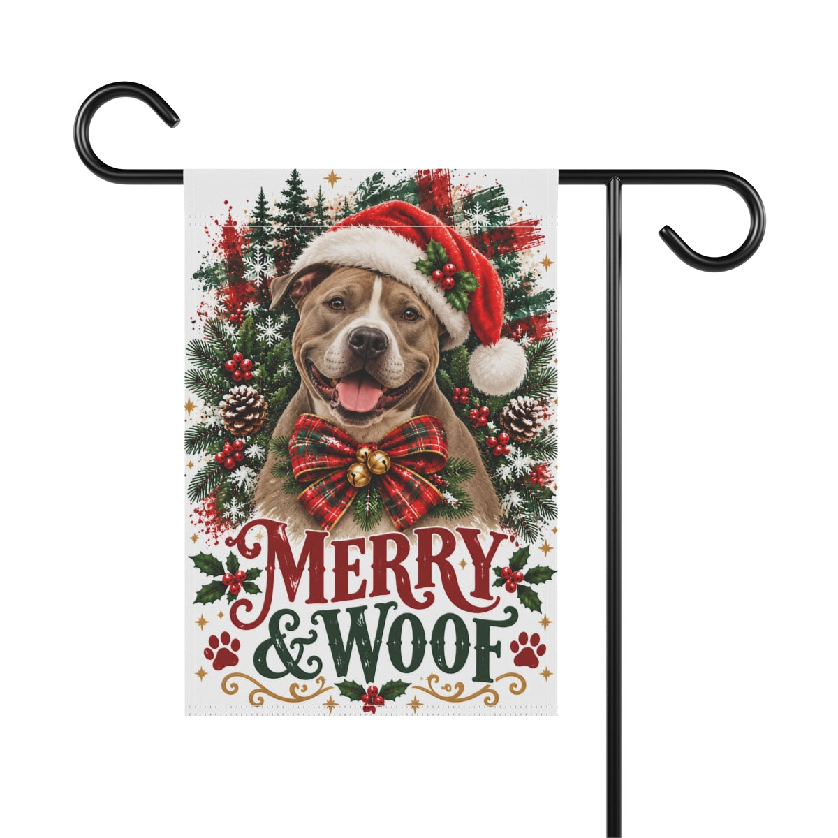 Pitbull Christmas Garden Flag, Merry & Woof Holiday Dog Yard Decor