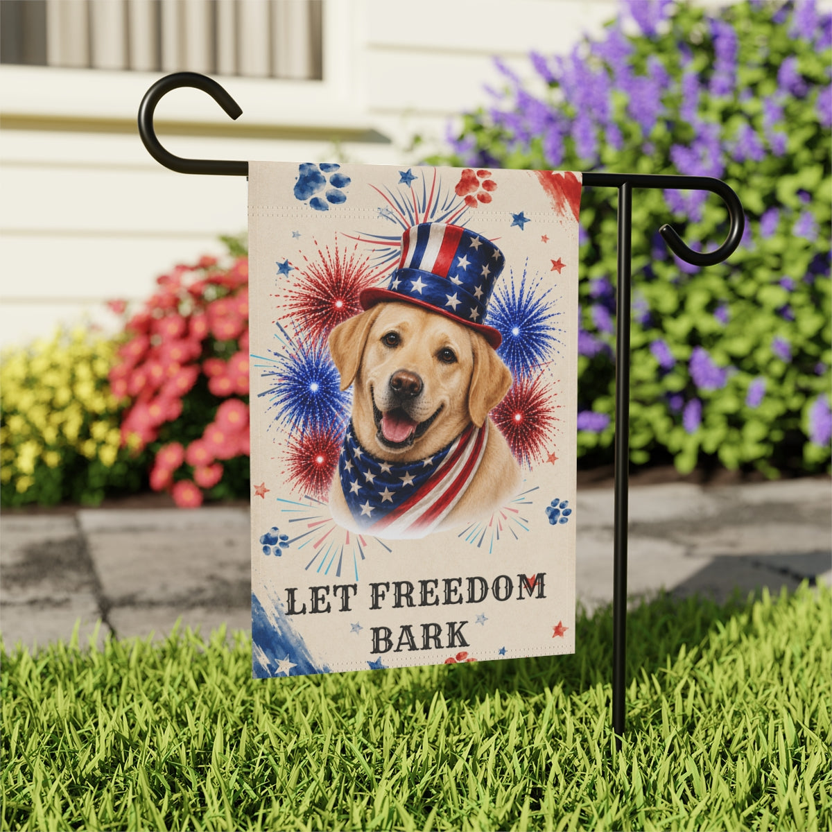 Patriotic Yellow Lab Garden Flag, Let Freedom Bark