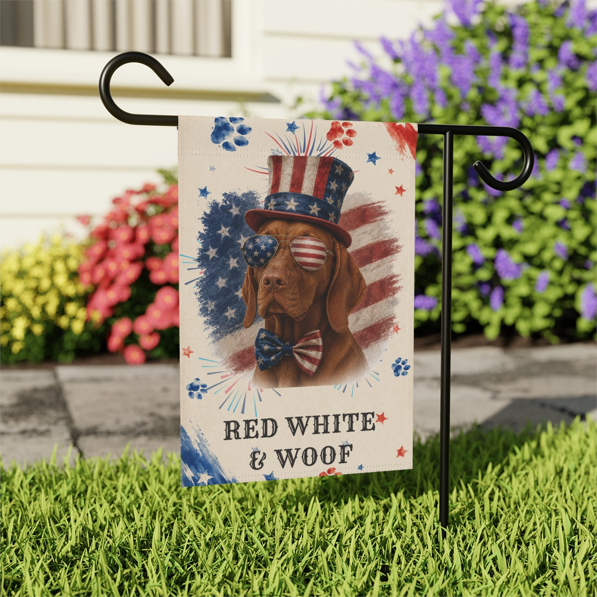 Patriotic Vizsla Garden Flag, Red White and Woof