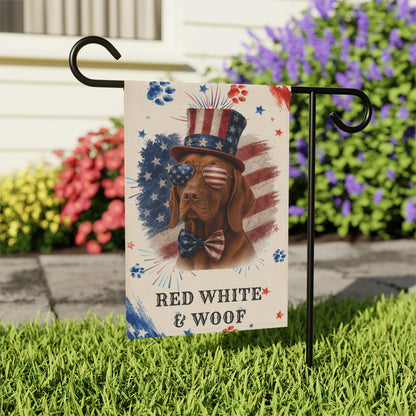 Patriotic Vizsla Garden Flag, Red White and Woof