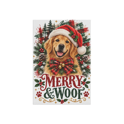Golden Retriever Christmas Garden Flag, Merry & Woof Holiday Dog Yard Decor