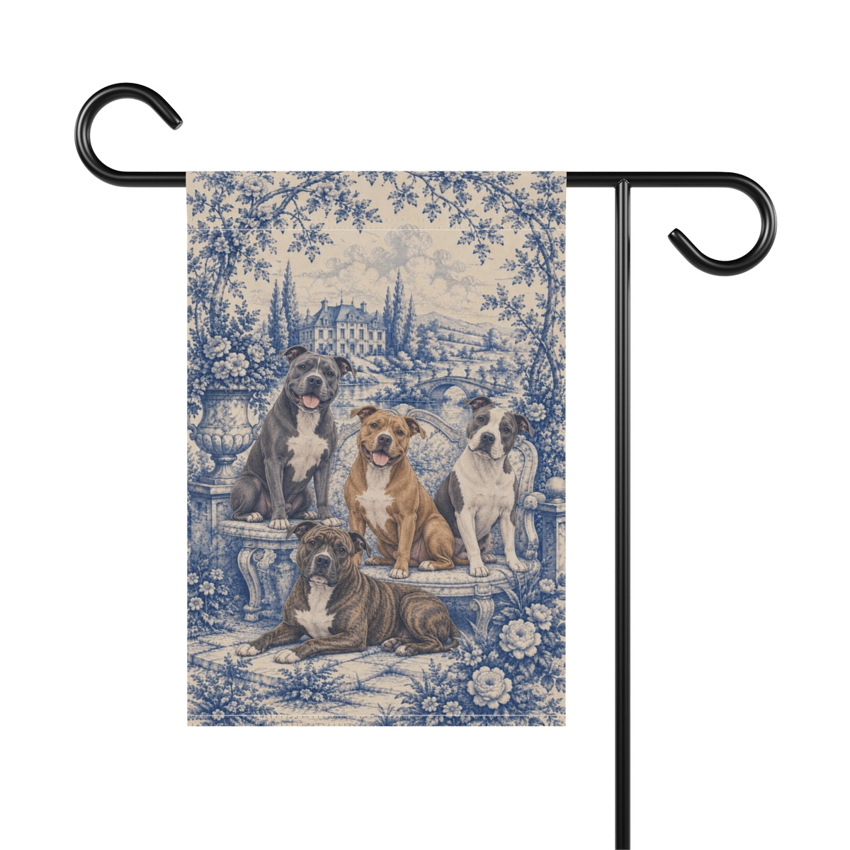 Pit Bull Garden Flag, Blue Toile Pittie Yard Decor, Pitbull Mom Gift, Garden Banner