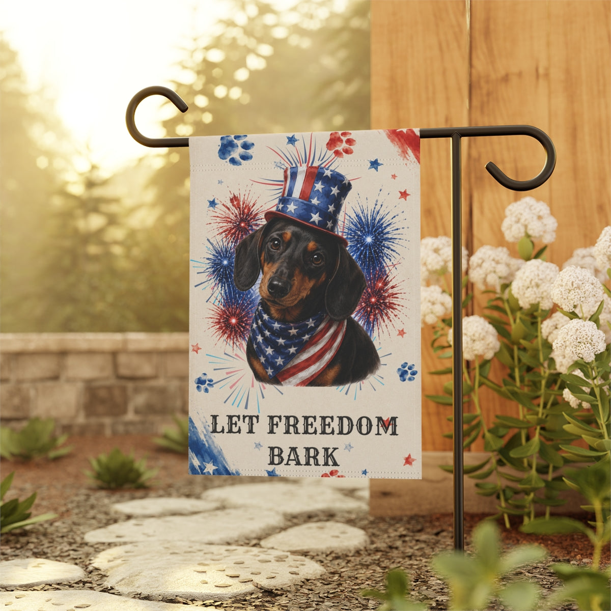 Patriotic Black and Tan Dachshund Garden Flag, Let Freedom Bark