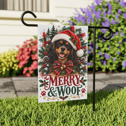 Black and Tan Cavalier Christmas Garden Flag, Merry & Woof Holiday Dog Yard Decor