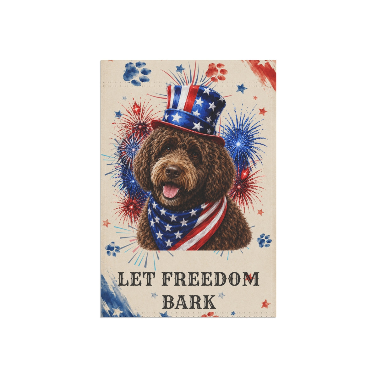 Patriotic Brown Portuguese Water Dog Garden Flag, Let Freedom Bark