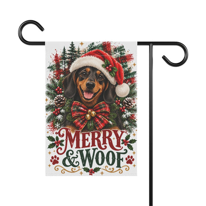 Black and Tan Dachshund Christmas Garden Flag, Merry & Woof Holiday Yard Decor