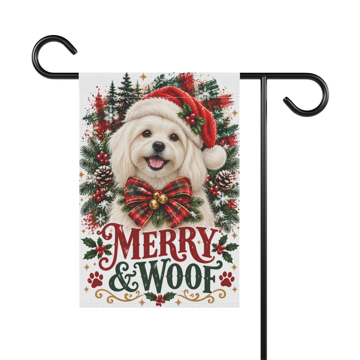Maltese Christmas Garden Flag, Merry & Woof Holiday Dog Yard Decor