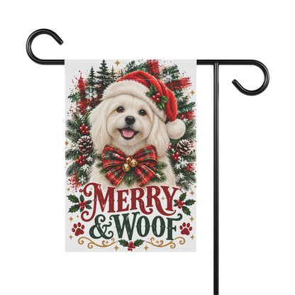 Maltese Christmas Garden Flag, Merry & Woof Holiday Dog Yard Decor