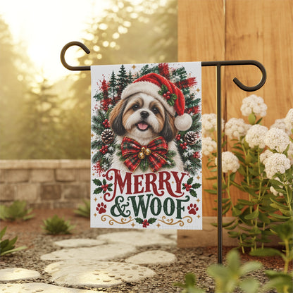 Shih Tzu Christmas Garden Flag, Merry & Woof Holiday Dog Yard Decor