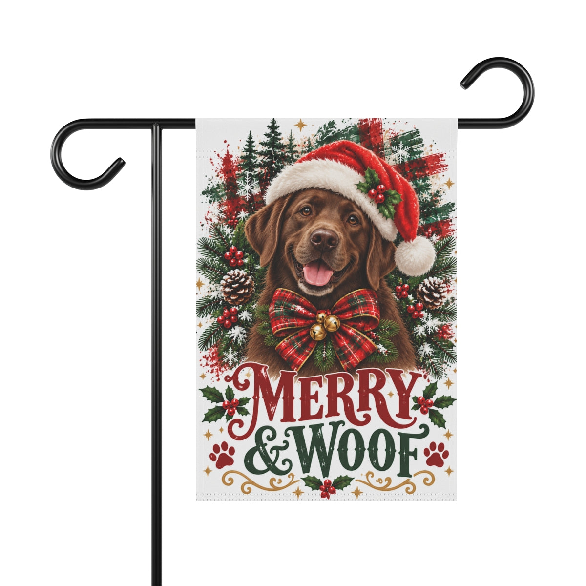 Chocolate Labrador Retriever Christmas Garden Flag, Merry & Woof Holiday Yard Decor