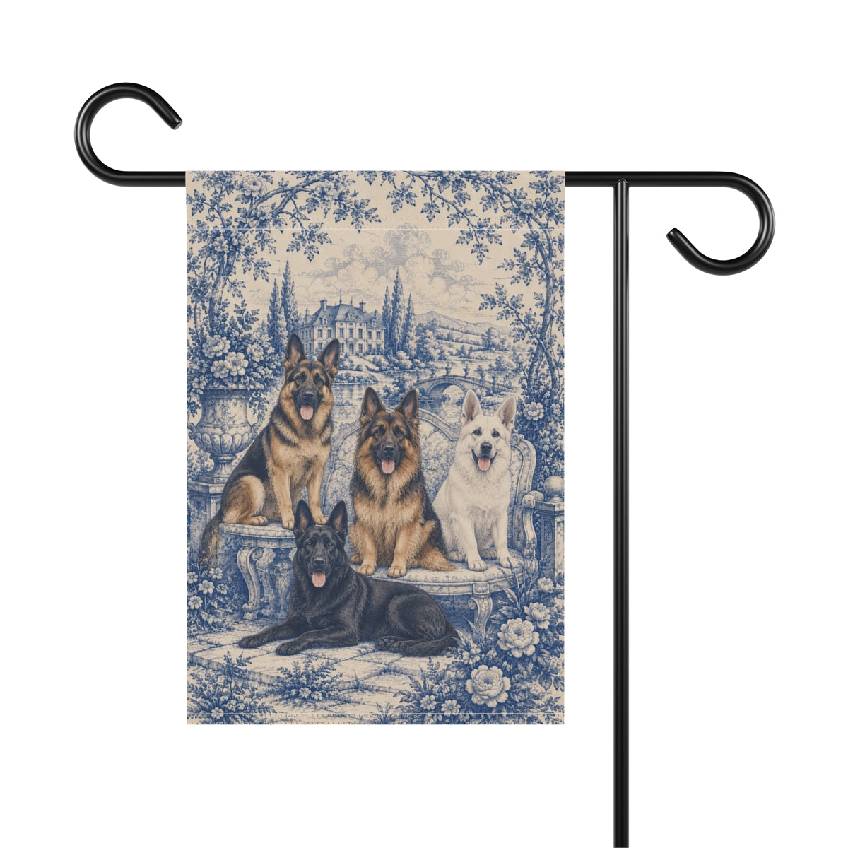 German Shepherd Garden Flag, Blue Toile GSD Yard Decor, Shepherd Mom Gift, Garden Banner