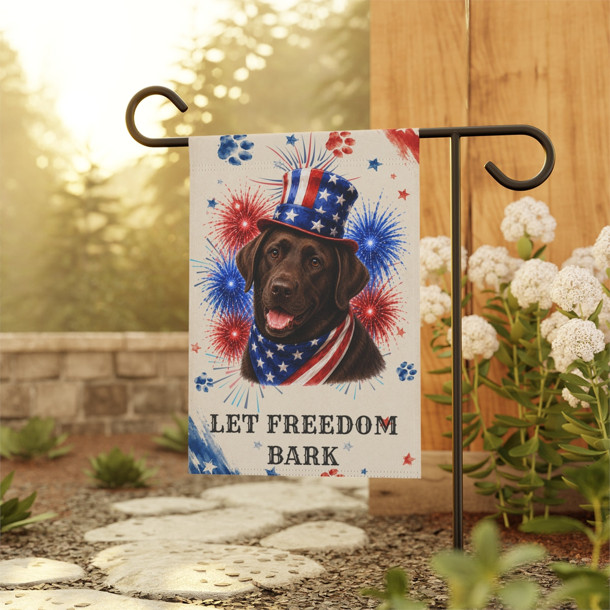 Patriotic Chocolate Lab Garden Flag, Let Freedom Bark