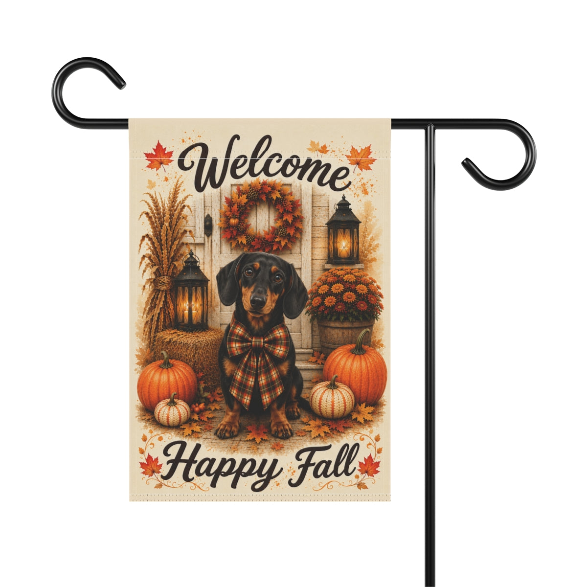 Black and Tan Dachshund Welcome Fall Garden Flag, Autumn Doxie Porch Decor, Dachshund Gift