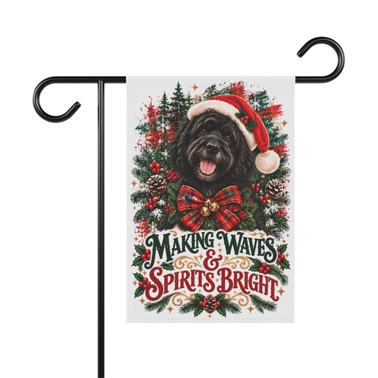 Black Portuguese Water Dog Christmas Garden Flag, Making Waves & Spirits Bright