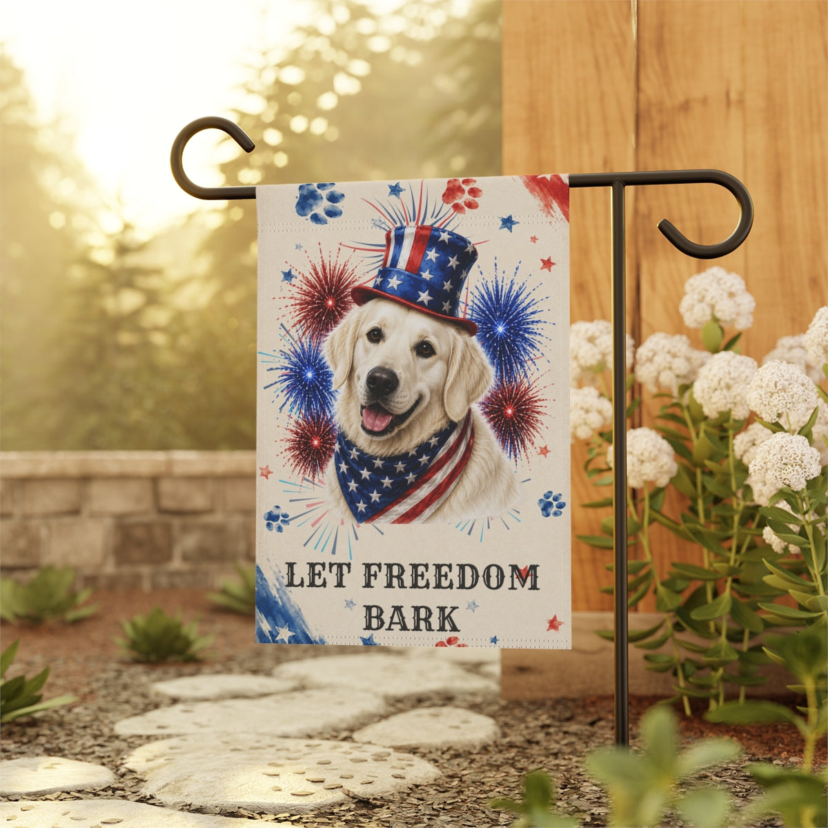 Patriotic English Cream Golden Retriever Garden Flag, Let Freedom Bark