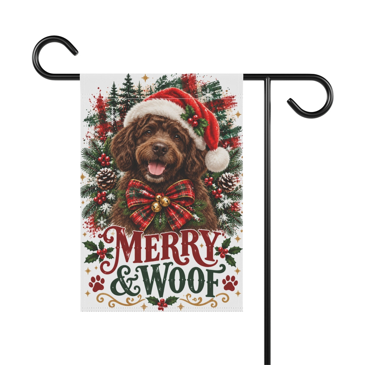 Brown Portuguese Water Dog Christmas Garden Flag, Merry & Woof Holiday Yard Decor