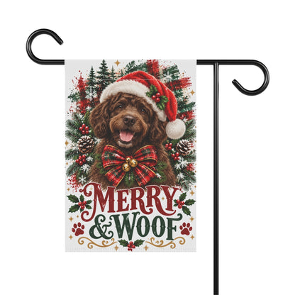 Brown Portuguese Water Dog Christmas Garden Flag, Merry & Woof Holiday Yard Decor