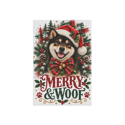 Black Shiba Inu Christmas Garden Flag, Merry & Woof Holiday Dog Yard Decor