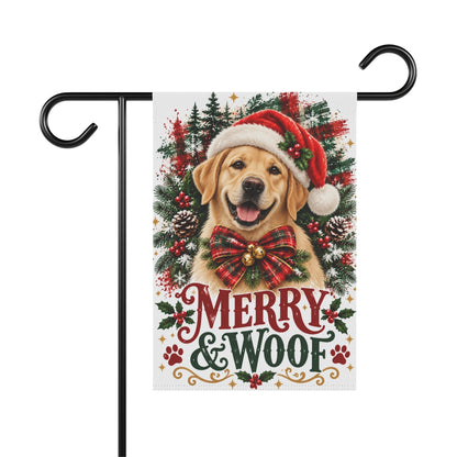 Yellow Labrador Retriever Christmas Garden Flag, Merry & Woof Holiday Yard Decor