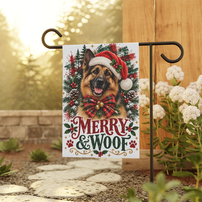 German Shepherd Christmas Garden Flag, Merry & Woof Holiday Dog Yard Decor