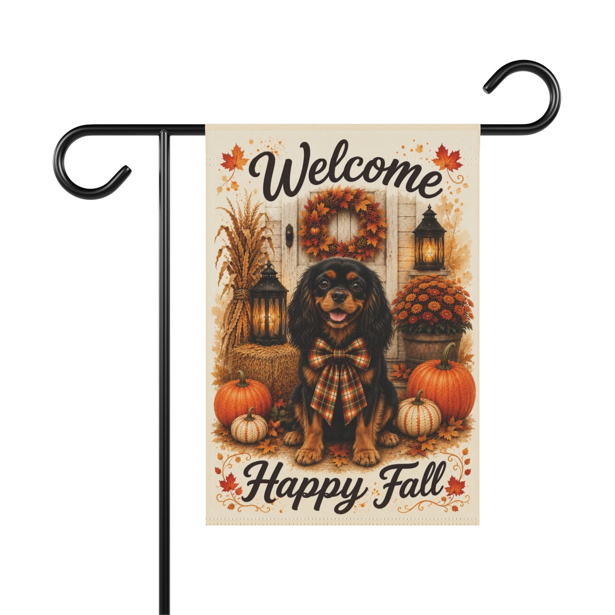 Black and Tan Cavalier Welcome Fall Garden Flag, Autumn Dog Porch Decor, Cavalier Gift