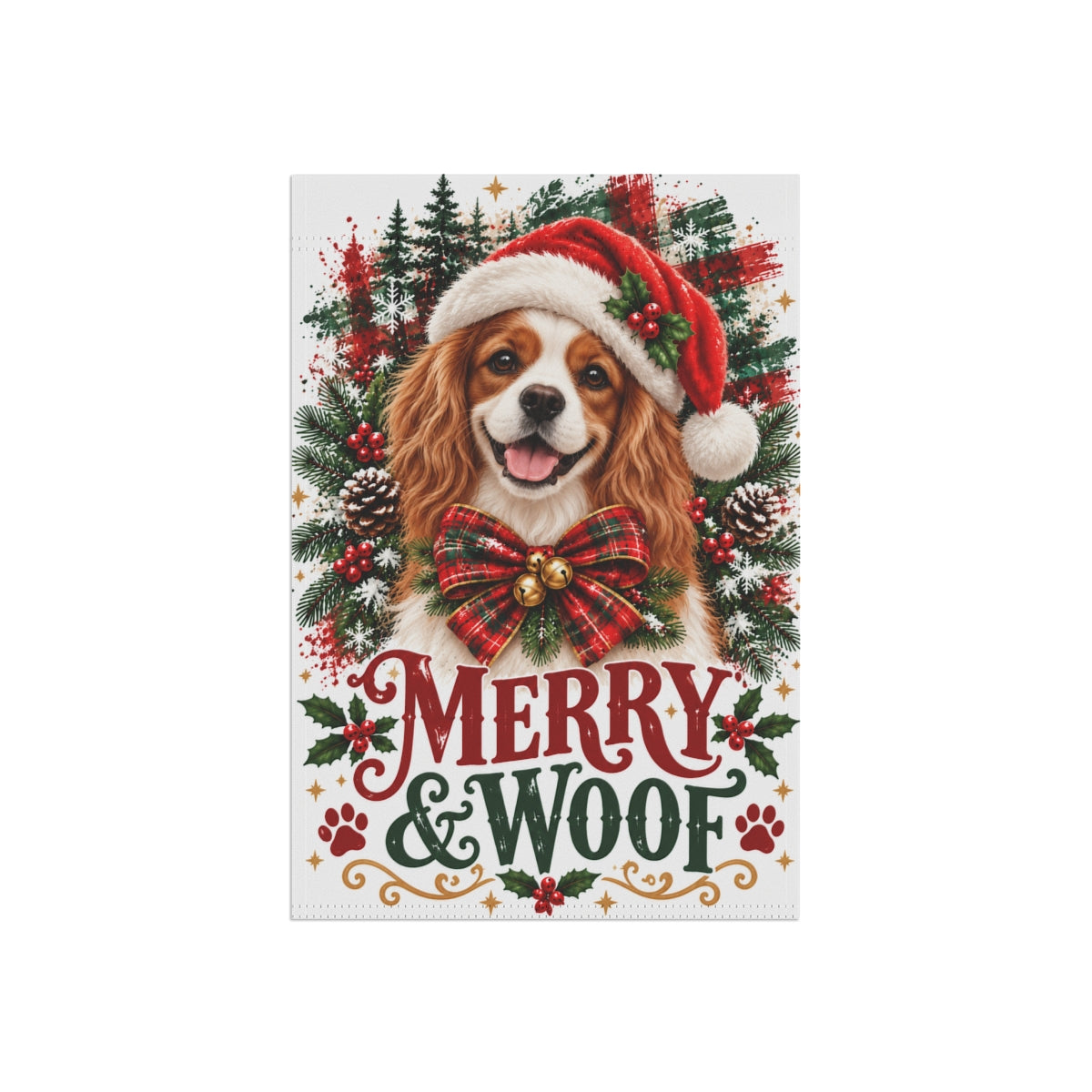 Blenheim Cavalier Christmas Garden Flag, Merry & Woof Holiday Dog Yard Decor
