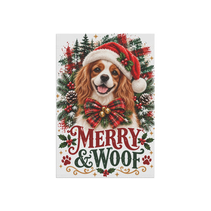 Blenheim Cavalier Christmas Garden Flag, Merry & Woof Holiday Dog Yard Decor
