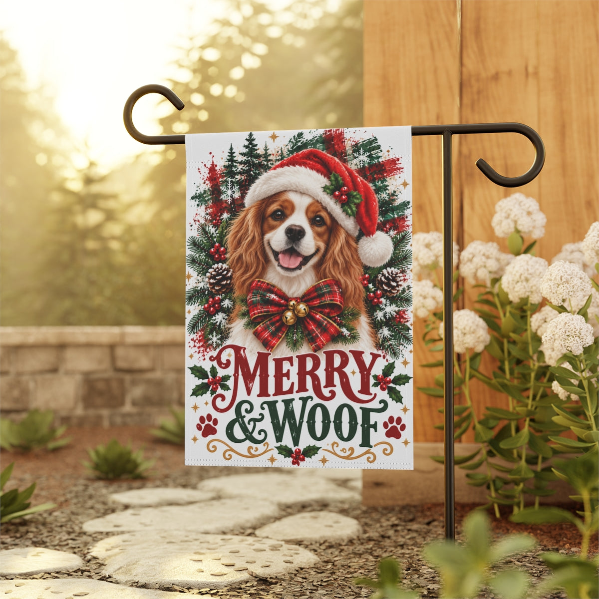 Blenheim Cavalier Christmas Garden Flag, Merry & Woof Holiday Dog Yard Decor