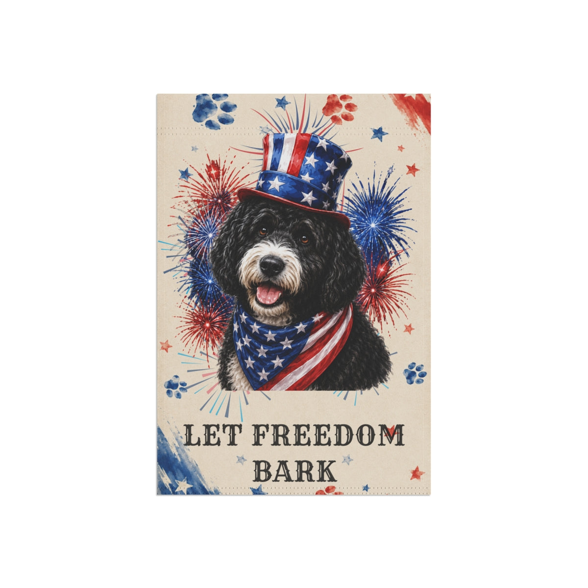 Patriotic Black Portuguese Water Dog Garden Flag, Let Freedom Bark