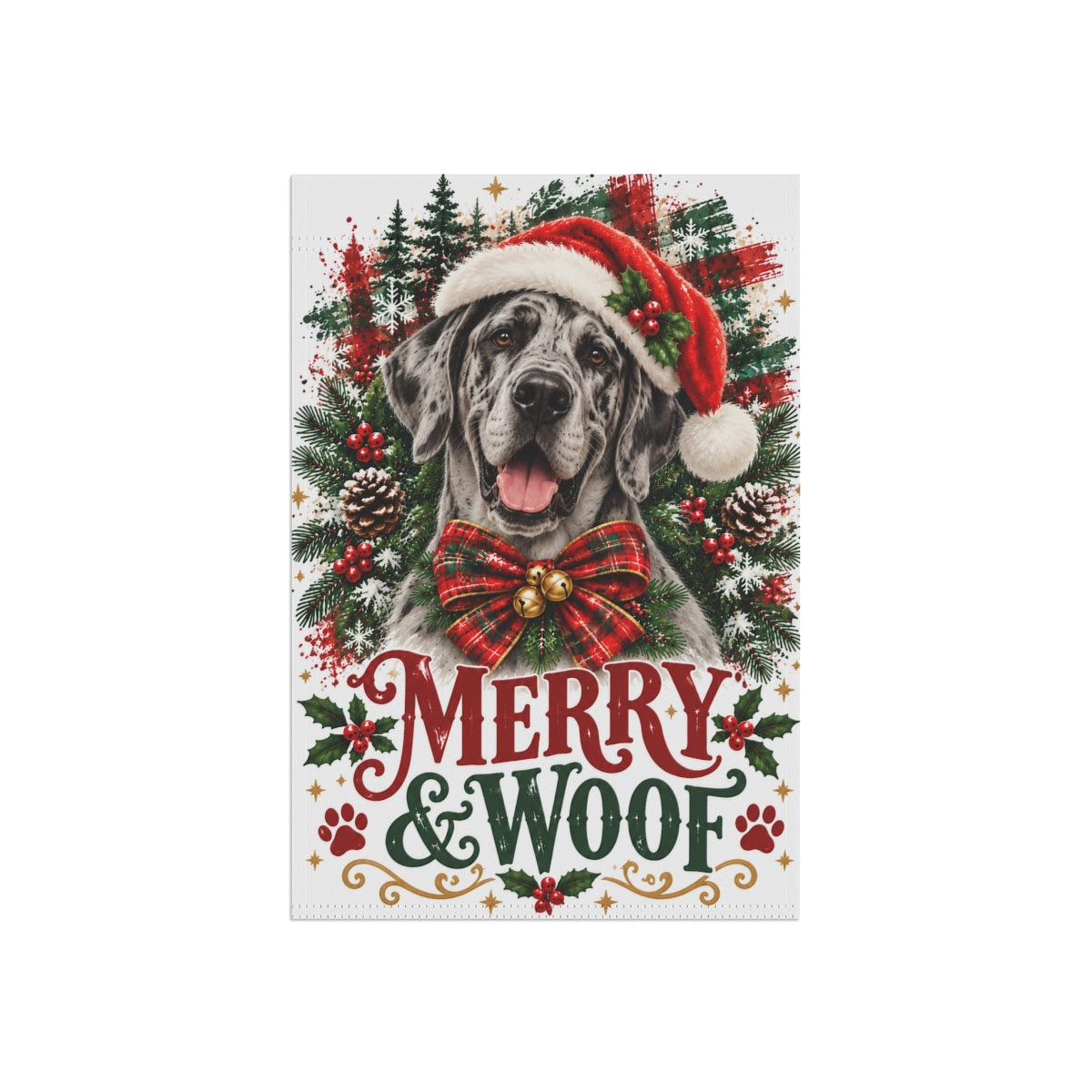 Merle Great Dane Christmas Garden Flag, Merry & Woof Holiday Yard Decor