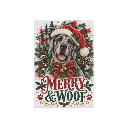 Merle Great Dane Christmas Garden Flag, Merry & Woof Holiday Yard Decor