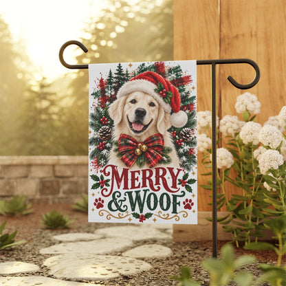 English Cream Golden Retriever Christmas Garden Flag, Merry & Woof Holiday Yard Decor