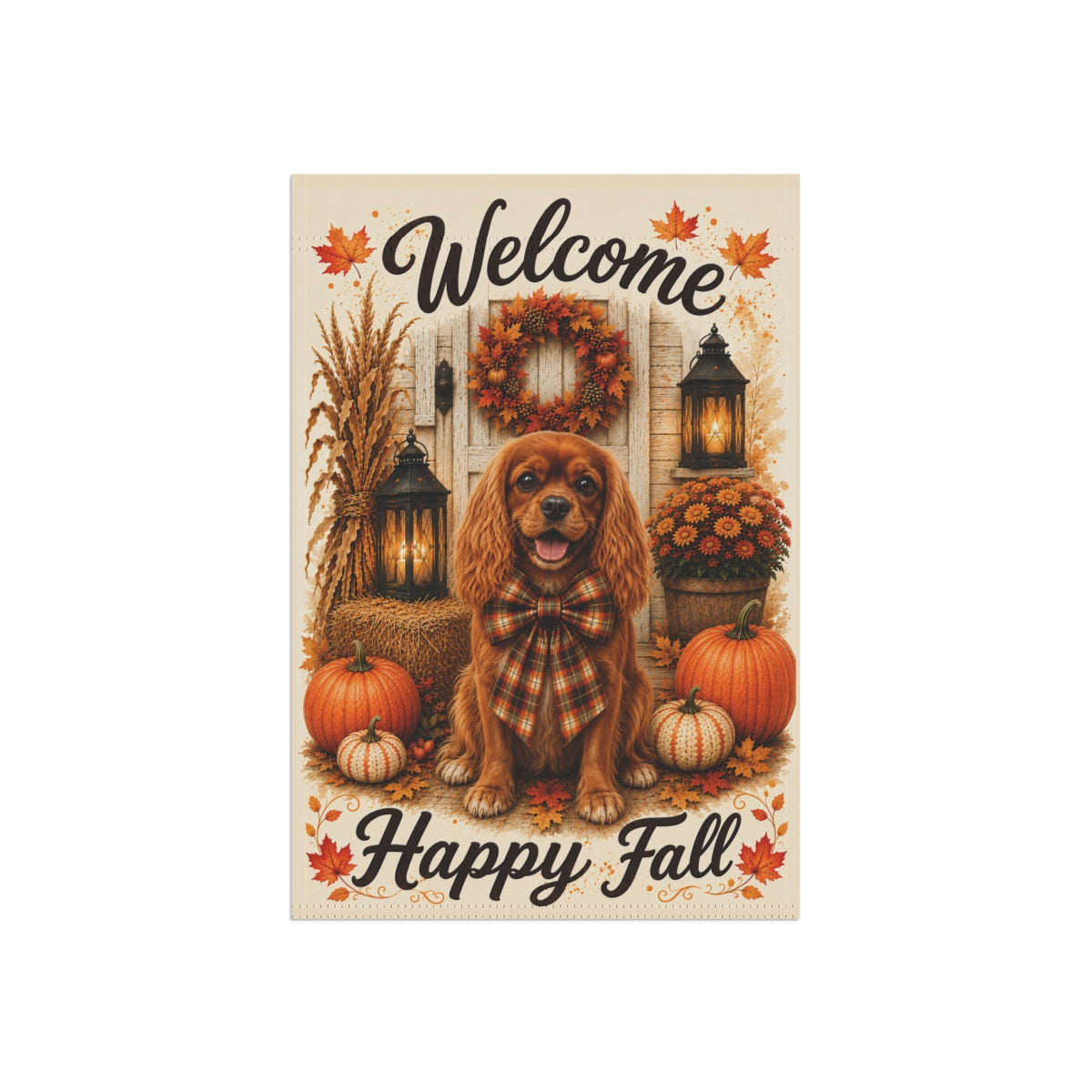 Ruby Cavalier Welcome Fall Garden Flag, Autumn Dog Porch Decor, Cavalier Lover Gift