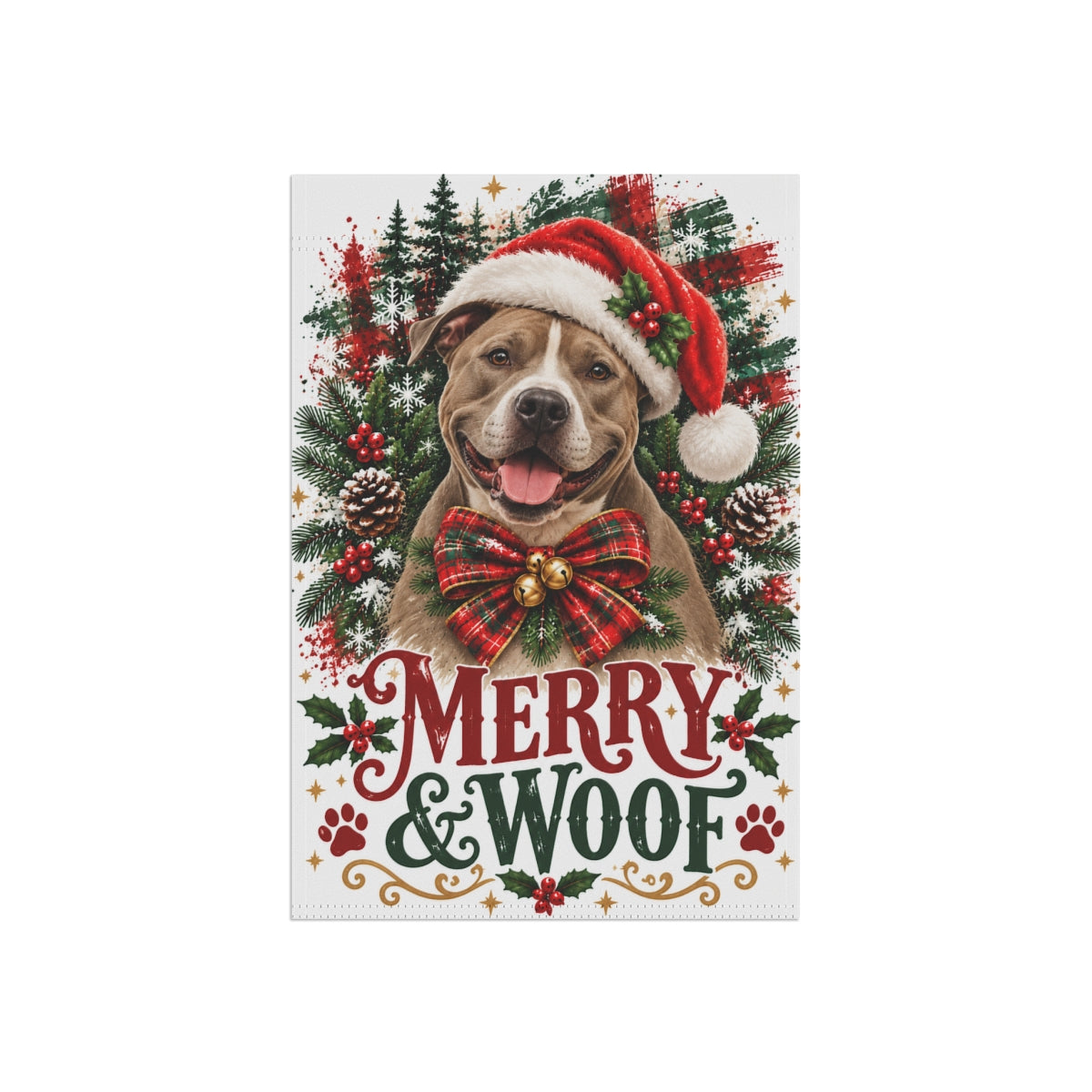 Pitbull Christmas Garden Flag, Merry & Woof Holiday Dog Yard Decor