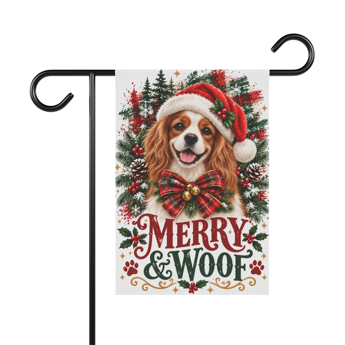 Blenheim Cavalier Christmas Garden Flag, Merry & Woof Holiday Dog Yard Decor