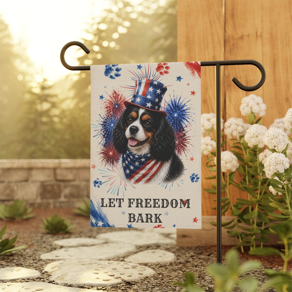 Patriotic Tri Color Cavalier Garden Flag, Let Freedom Bark