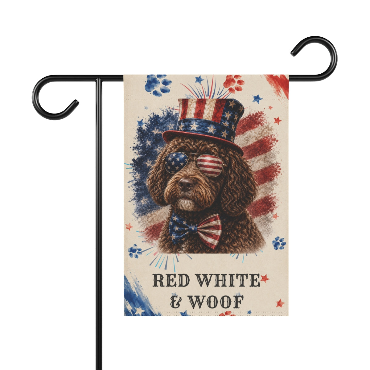 Patriotic Brown Portuguese Water Dog Garden Flag, Red White and Woof