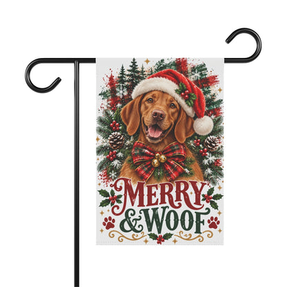 Vizsla Christmas Garden Flag, Merry & Woof Holiday Dog Yard Decor