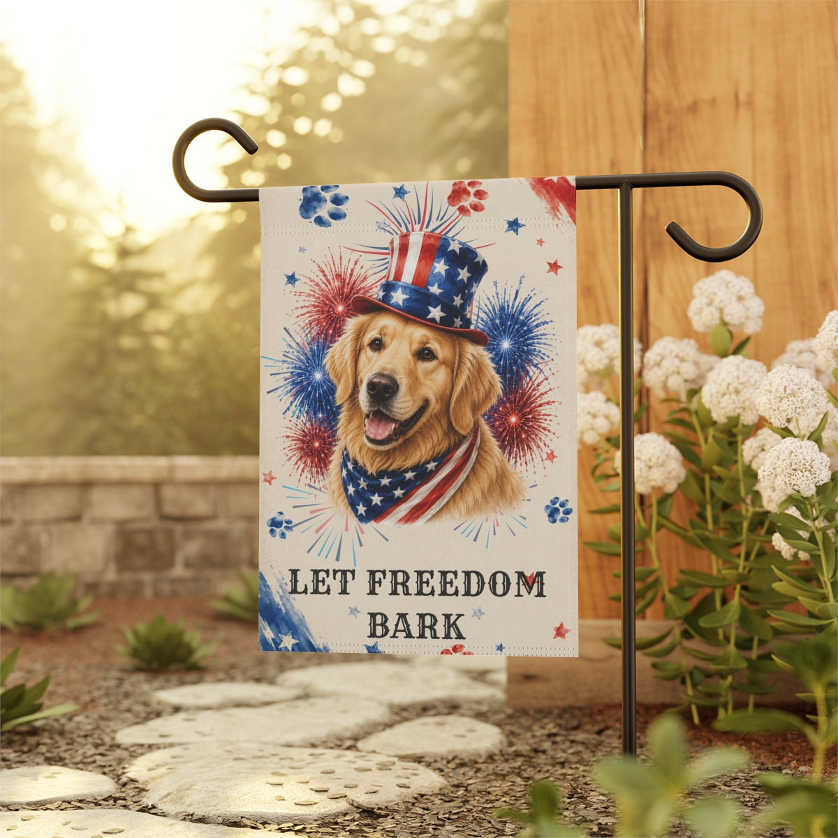 Patriotic Golden Retriever Garden Flag, Let Freedom Bark