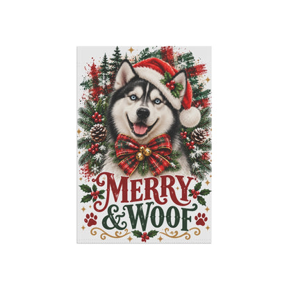 Siberian Husky Christmas Garden Flag, Merry & Woof Holiday Dog Yard Decor