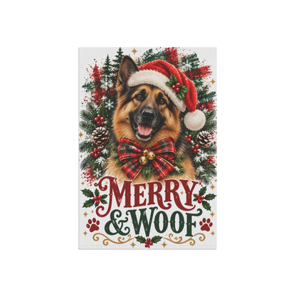 German Shepherd Christmas Garden Flag, Merry & Woof Holiday Dog Yard Decor