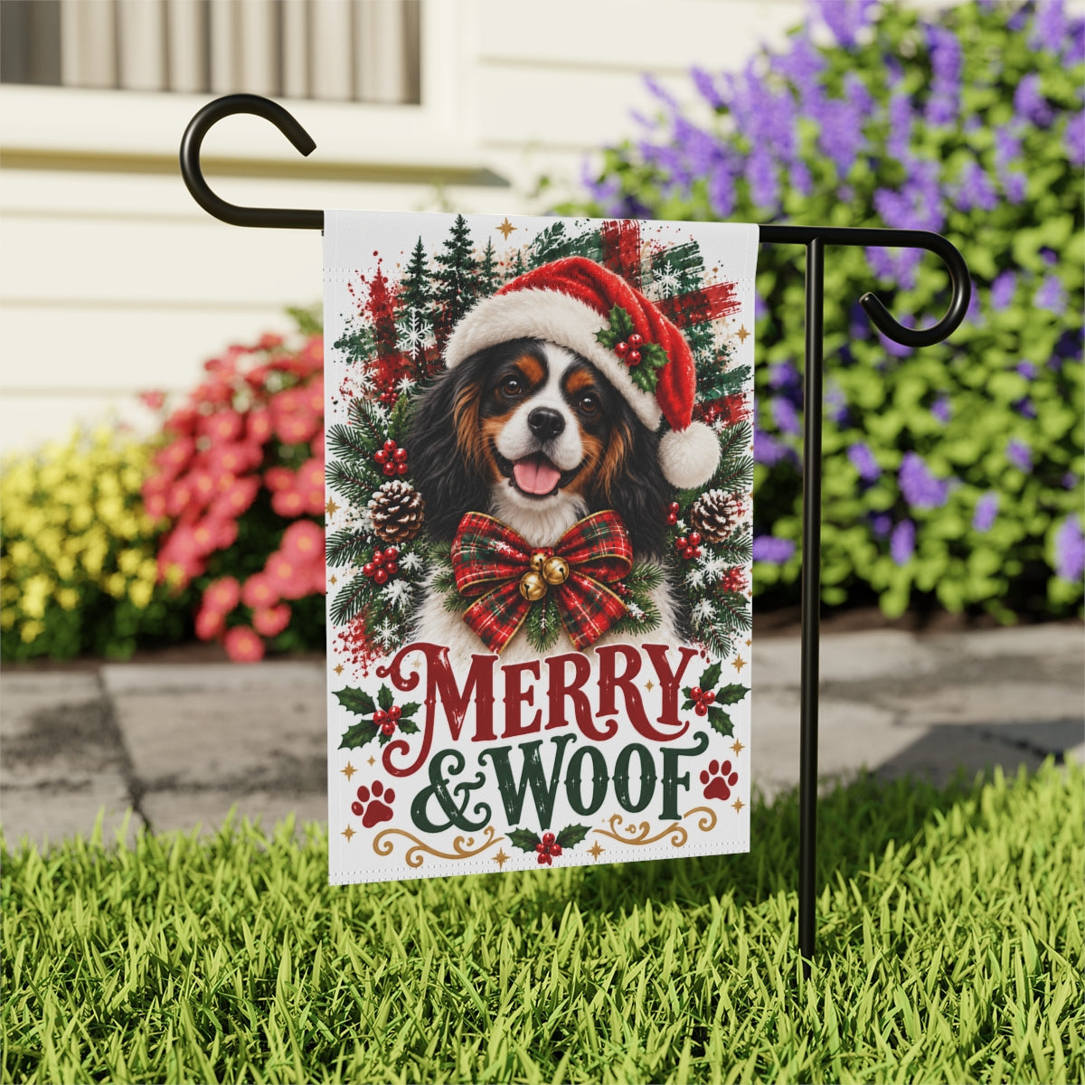 Tricolor Cavalier Christmas Garden Flag, Merry & Woof Holiday Dog Yard Decor