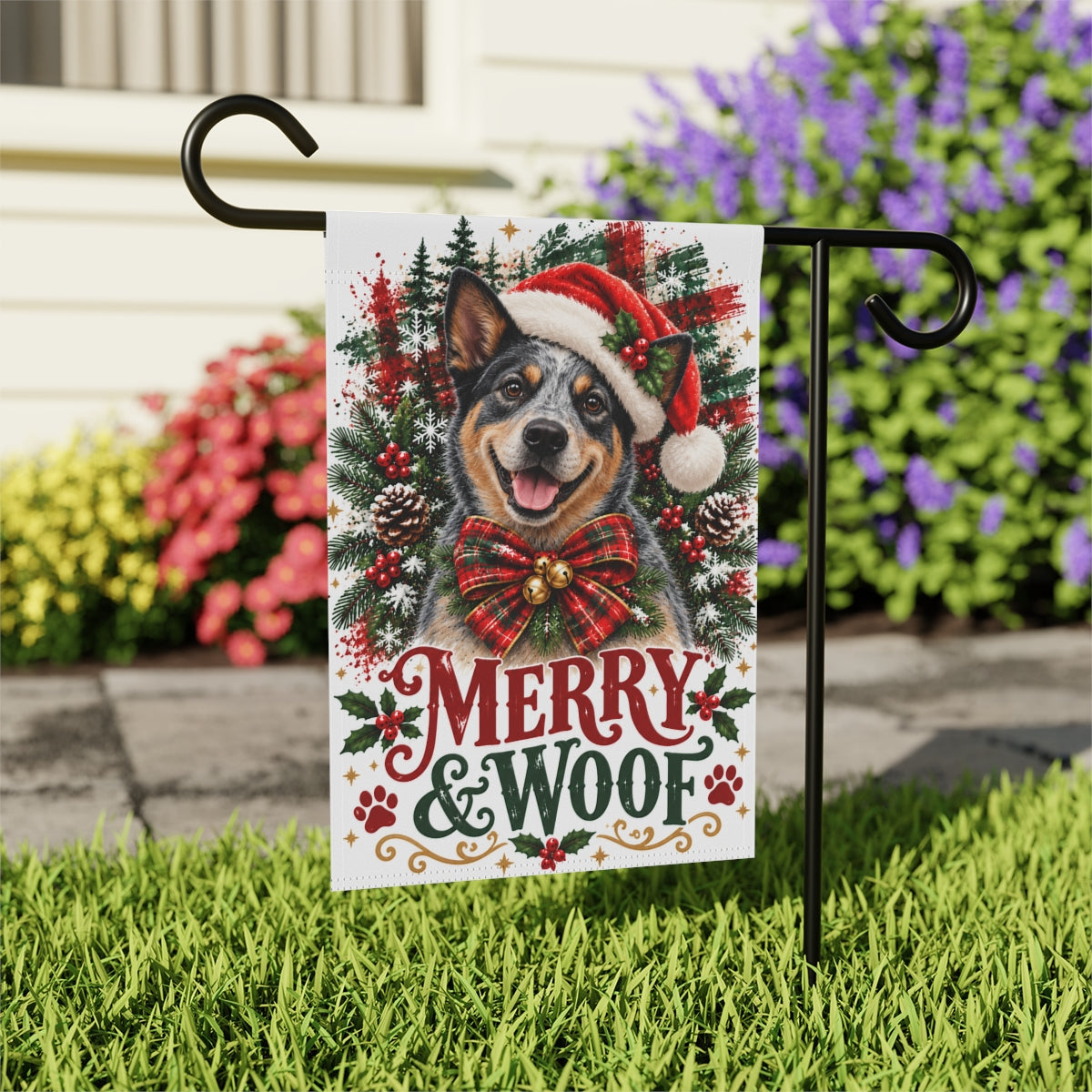 Australian Cattle Dog Christmas Garden Flag, Merry & Woof Holiday Yard Decor