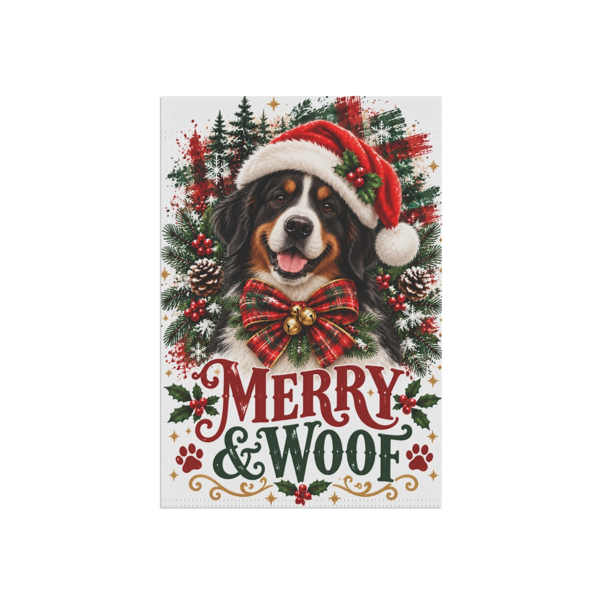 Bernese Mountain Dog Christmas Garden Flag, Merry & Woof Holiday Yard Decor