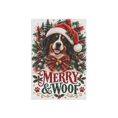 Bernese Mountain Dog Christmas Garden Flag, Merry & Woof Holiday Yard Decor