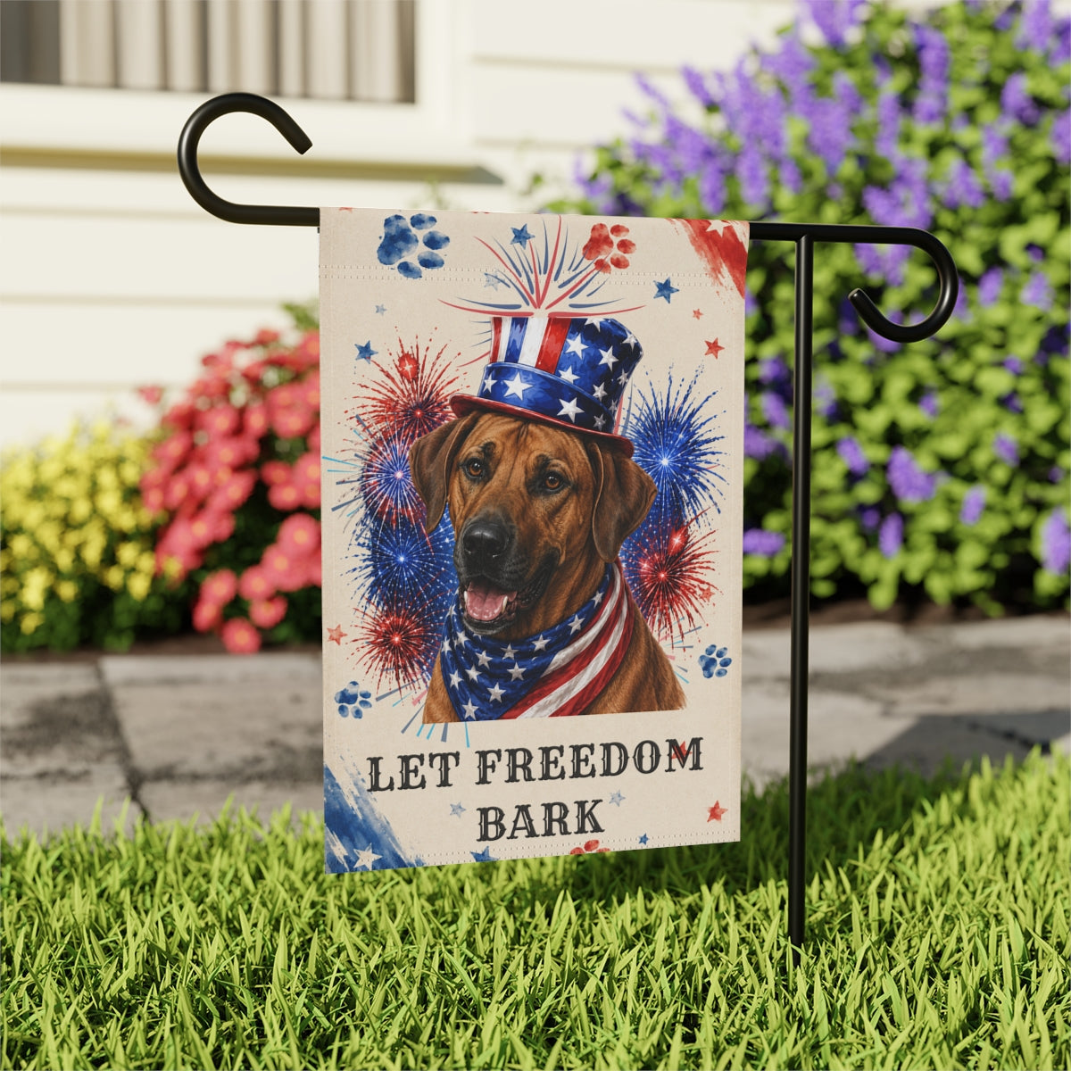 Patriotic Rhodesian Ridgeback Garden Flag, Let Freedom Bark