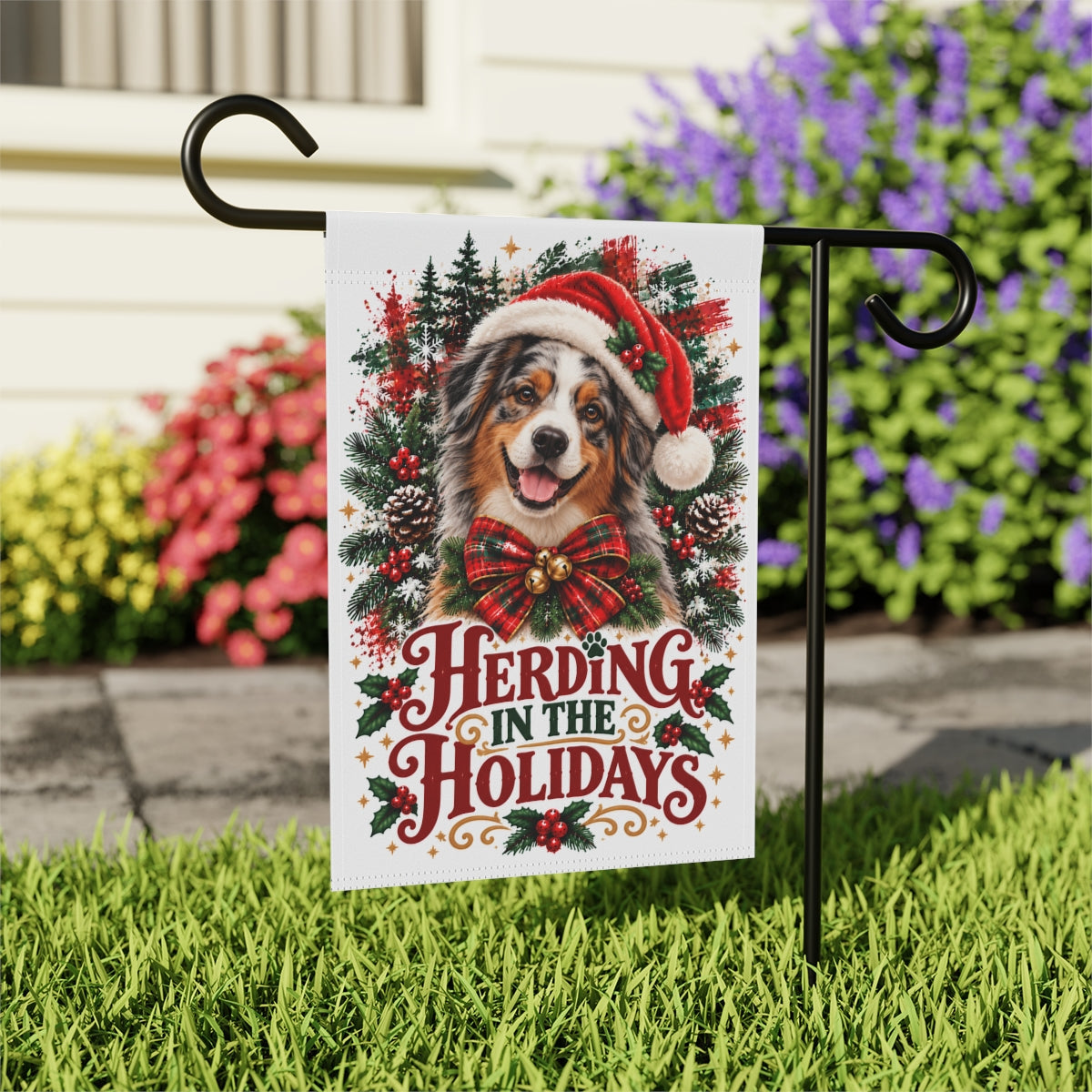Australian Shepherd Christmas Garden Flag, Herding in the Holidays