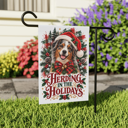 Australian Shepherd Christmas Garden Flag, Herding in the Holidays