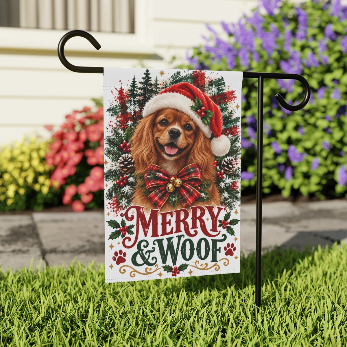Ruby Cavalier Christmas Garden Flag, Merry & Woof Holiday Dog Yard Decor