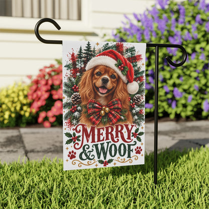 Ruby Cavalier Christmas Garden Flag, Merry & Woof Holiday Dog Yard Decor